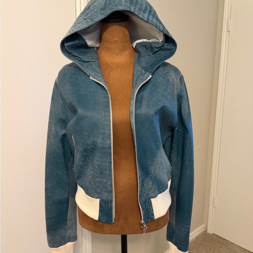 Vera Pelle Teal Hooded Bomber Jacket White Trim Small